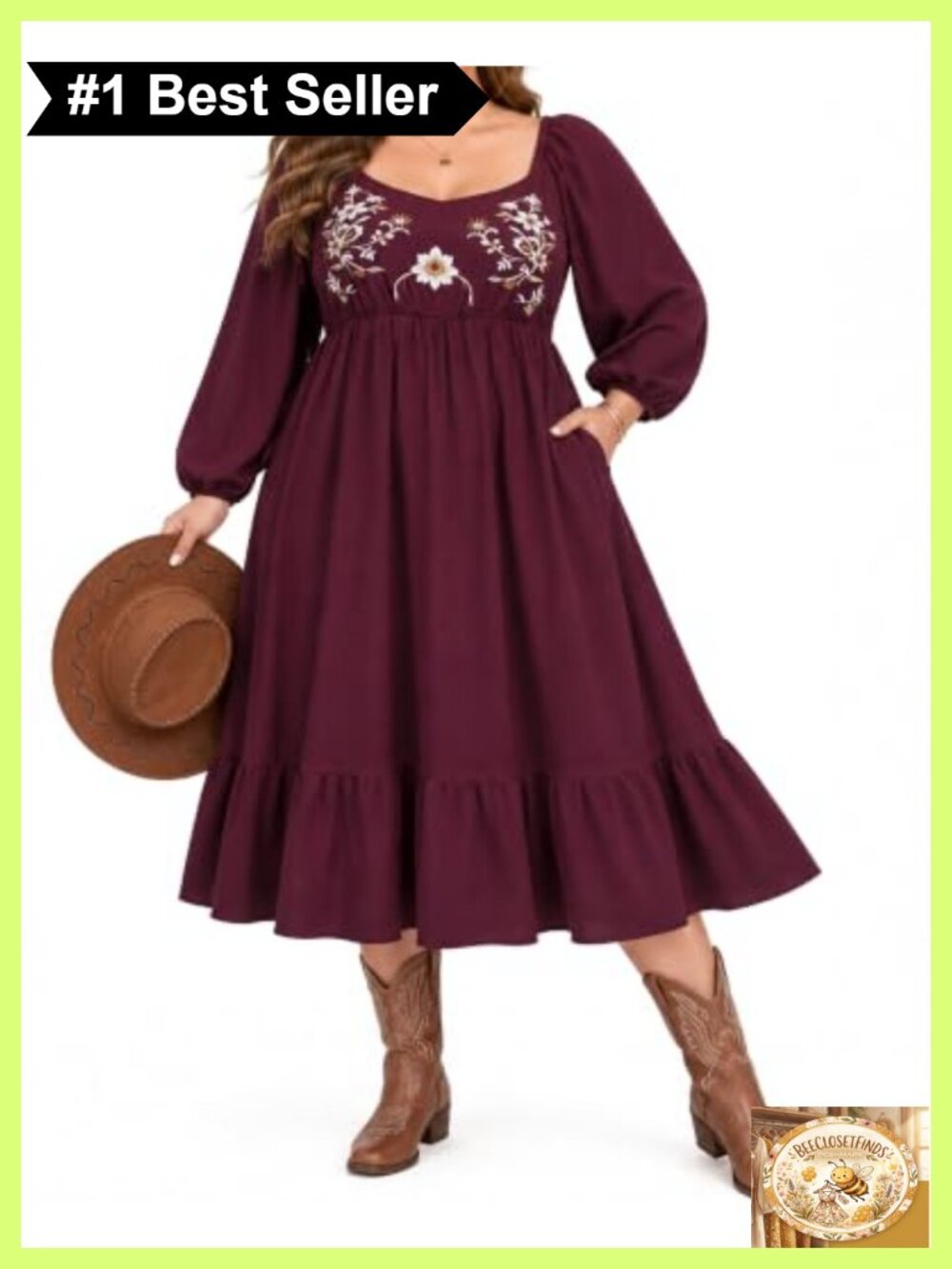 Plus Size Boho Midi Dress with Pockets Long Sleeve Embroidered Fall Western